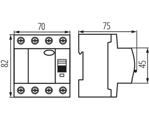 Technický výkres proudového chrániče s rozměry