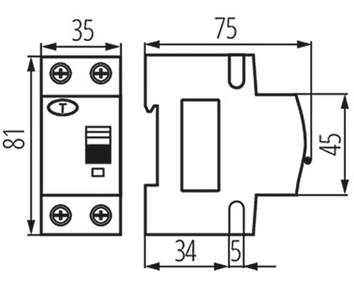 Technický výkres jističe s rozměry