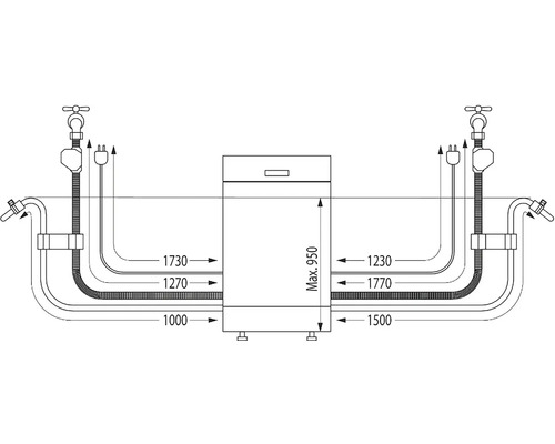 Instalační nákres zařízení s rozměry.