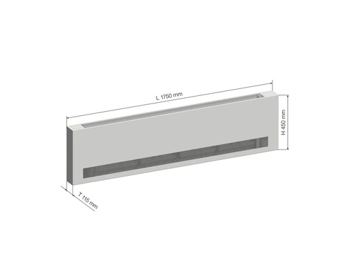 Konvektor radiátoru o rozměrech 1750 mm délka, 450 mm výška a 115 mm hloubka