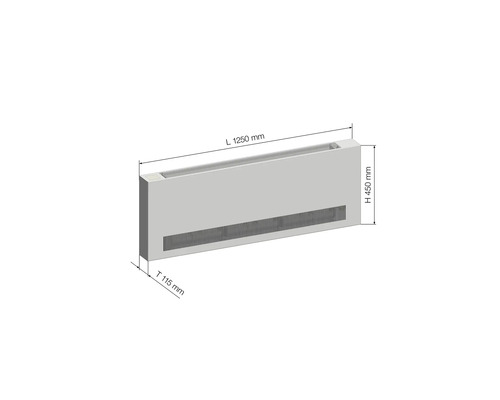 Konvektor o rozměrech 1250 mm délka, 450 mm výška a 115 mm hloubka.