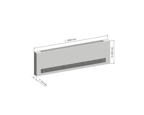 Podlahový konvektor o rozměrech délka 1500 mm, výška 450 mm a hloubka 115 mm.