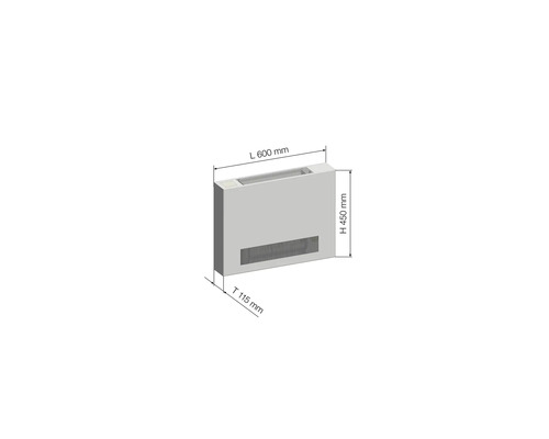 Schéma radiátorového konvektoru o rozměrech 600 mm délka, 450 mm výška a 115 mm hloubka