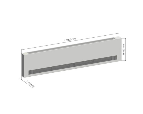 Konvektor radiátoru s rozměry 2000 mm délka, 450 mm výška a 115 mm hloubka.