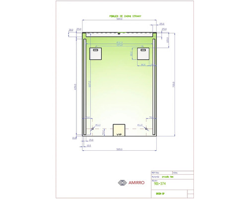 Technický výkres zrcadla s rozměry