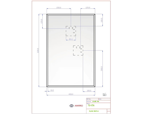 Technický nákres zrcadla s rozměry