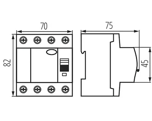 Technický nákres proudového chrániče s rozměry
