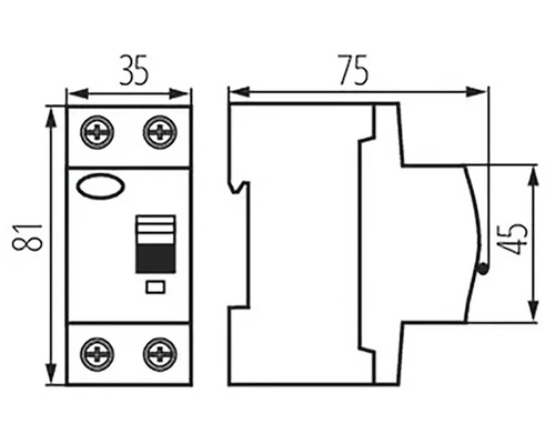 Technický nákres proudového chrániče s rozměry
