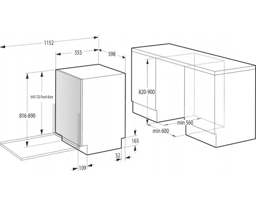 Rozměrový nákres myčky nádobí s příslušnými rozměry