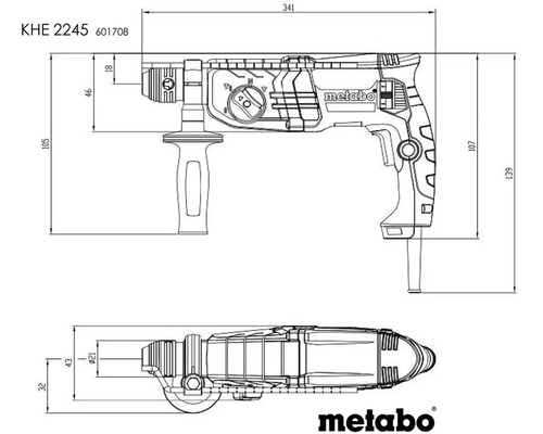 Technický nákres vrtacího kladiva Metabo s rozměry