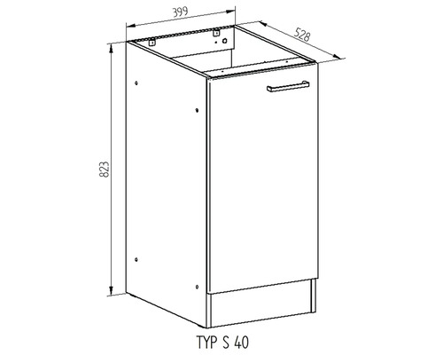 Technický nákres spodní kuchyňské skříňky s rozměry