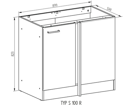 Technický výkres rohové spodní skříňky s rozměry