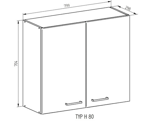 Technický nákres závěsné skříňky se dvěma dvířky a úchyty, rozměry: 799 mm šířka, 704 mm výška, 298 mm hloubka.
