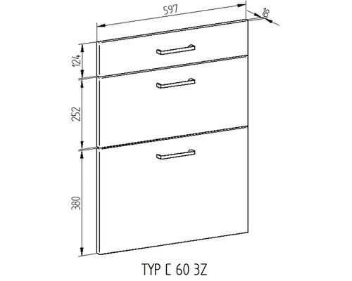 Nákres spodní skříňky se třemi zásuvkami a rozměry