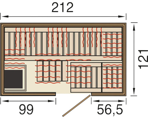 Pohled shora na saunu s rozměry.