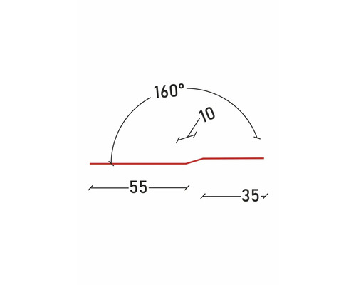 Technický výkres s rozměry: úhel 160 stupňů, výška 10 milimetrů, délka 55 milimetrů a 35 milimetrů.