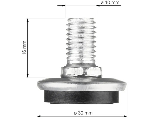 Nábytková noha se závitem, rozměry 16 mm výška, 10 mm průměr závitu, 30 mm průměr nohy