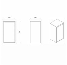 Technický výkres koupelnové skříňky o rozměrech 400 x 350 x 760 milimetrů.