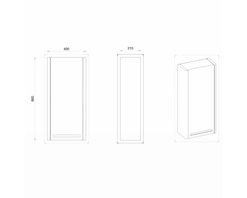 Technický nákres závěsné koupelnové skříňky o rozměrech 860 x 400 x 210 milimetrů
