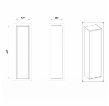 Technický nákres koupelnové skříňky o rozměrech 400 x 350 x 1600 mm.