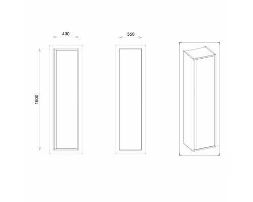 Technický nákres koupelnové skříňky o rozměrech 400 x 350 x 1600 mm.