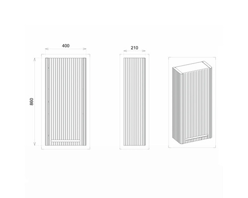 Technický nákres koupelnové skříňky o rozměrech 400 x 210 x 860 mm.