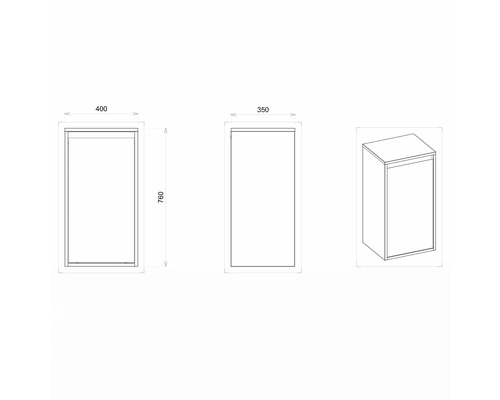 Technický výkres koupelnové skříňky o rozměrech 400 x 350 x 760 mm.