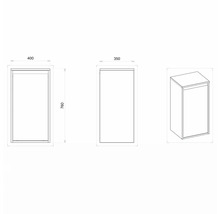 Technický nákres koupelnové vysoké skříně o rozměrech 400 x 350 x 760 mm