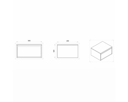 Technický výkres skříňky pod umyvadlo s rozměry.