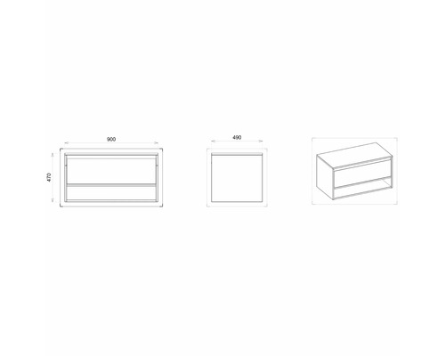 Nákres skříňky pod umyvadlo s rozměry.