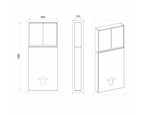 Výkres umyvadla se skříňkou a rozměry