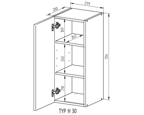Technický nákres závěsné skříňky s rozměry