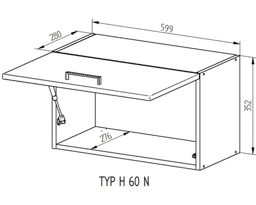 Technický výkres závěsné skříňky s rozměry
