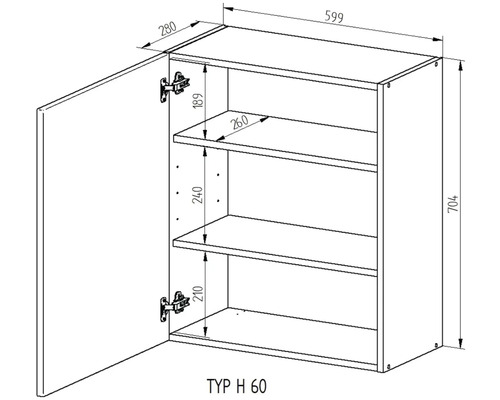 Technický nákres závěsné skříňky se třemi policemi a dvířky