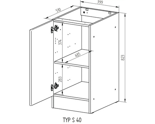 Technický nákres spodní skříňky s dvířky a policí včetně rozměrů