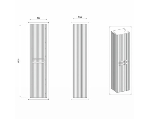 Technický výkres vysoké koupelnové skříňky o rozměrech 400 x 330 x 1720 milimetrů.