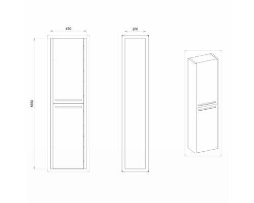 Technický nákres vysoké skříně o rozměrech 1650 x 450 x 260 milimetrů.
