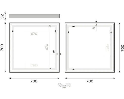 Technický nákres zrcadlové skříňky s rozměry