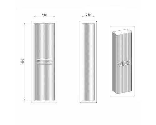 Nákres koupelnové skříňky o rozměrech 1650 mm výška, 450 mm šířka a 260 mm hloubka.