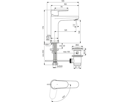 Technický výkres vodovodní baterie s rozměry