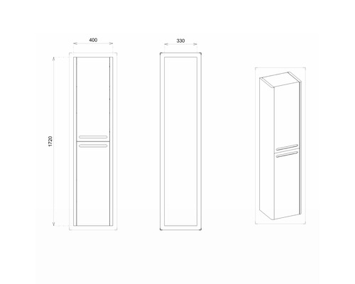 Nákres koupelnové skříňky o rozměrech 1720 x 400 x 330 milimetrů.