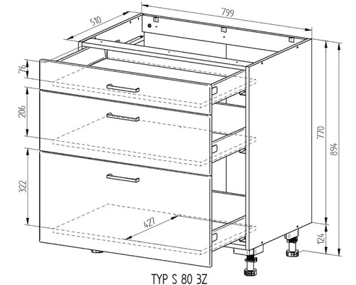 Technický nákres spodní kuchyňské skříňky se třemi zásuvkami a rozměry 799 x 510 x 894 mm