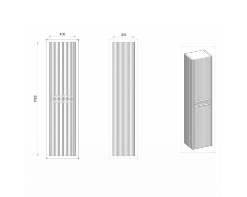 Technický nákres koupelnové vysoké skříňky o rozměrech 400 x 331 x 1720 milimetrů.