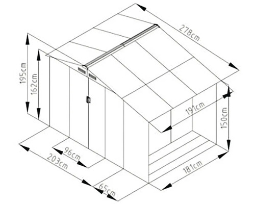 Technický nákres zahradního domku s rozměry.