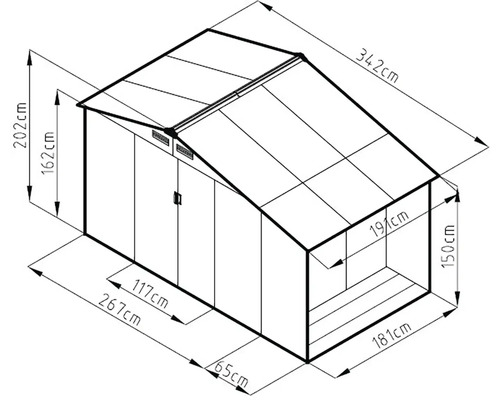Technický nákres zahradního domku s rozměry.