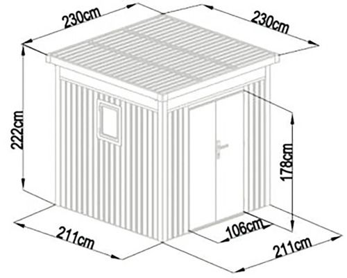 Technický nákres zahradního domku s rozměry