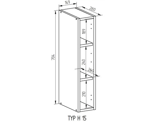 Technický výkres závěsné skříňky s rozměry.