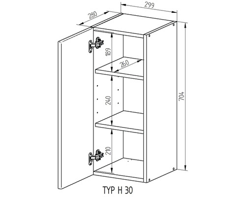 Technický nákres závěsné skříňky s otevřenými dvířky a rozměry.