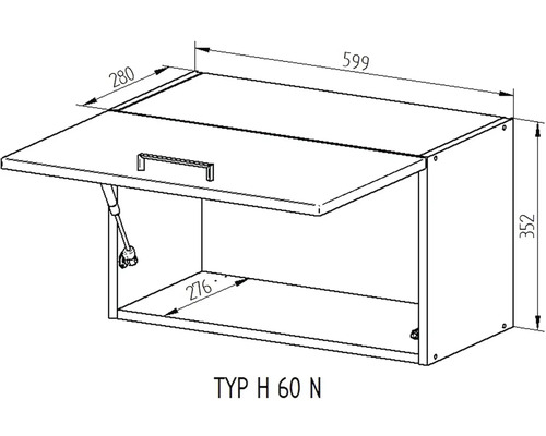 Technický výkres závěsné skříňky o rozměrech 599 x 352 x 280 mm