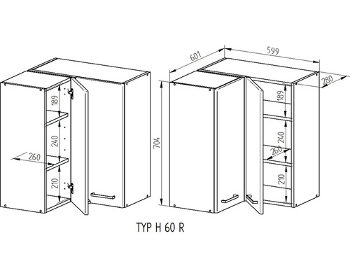 Výkres dvou rohových závěsných skříněk s rozměry